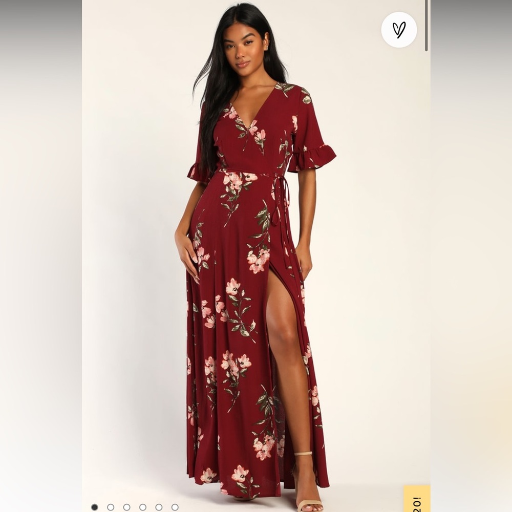 NWT Lulu’s September Sunsets Burgundy Floral Print Wrap Maxi Dress